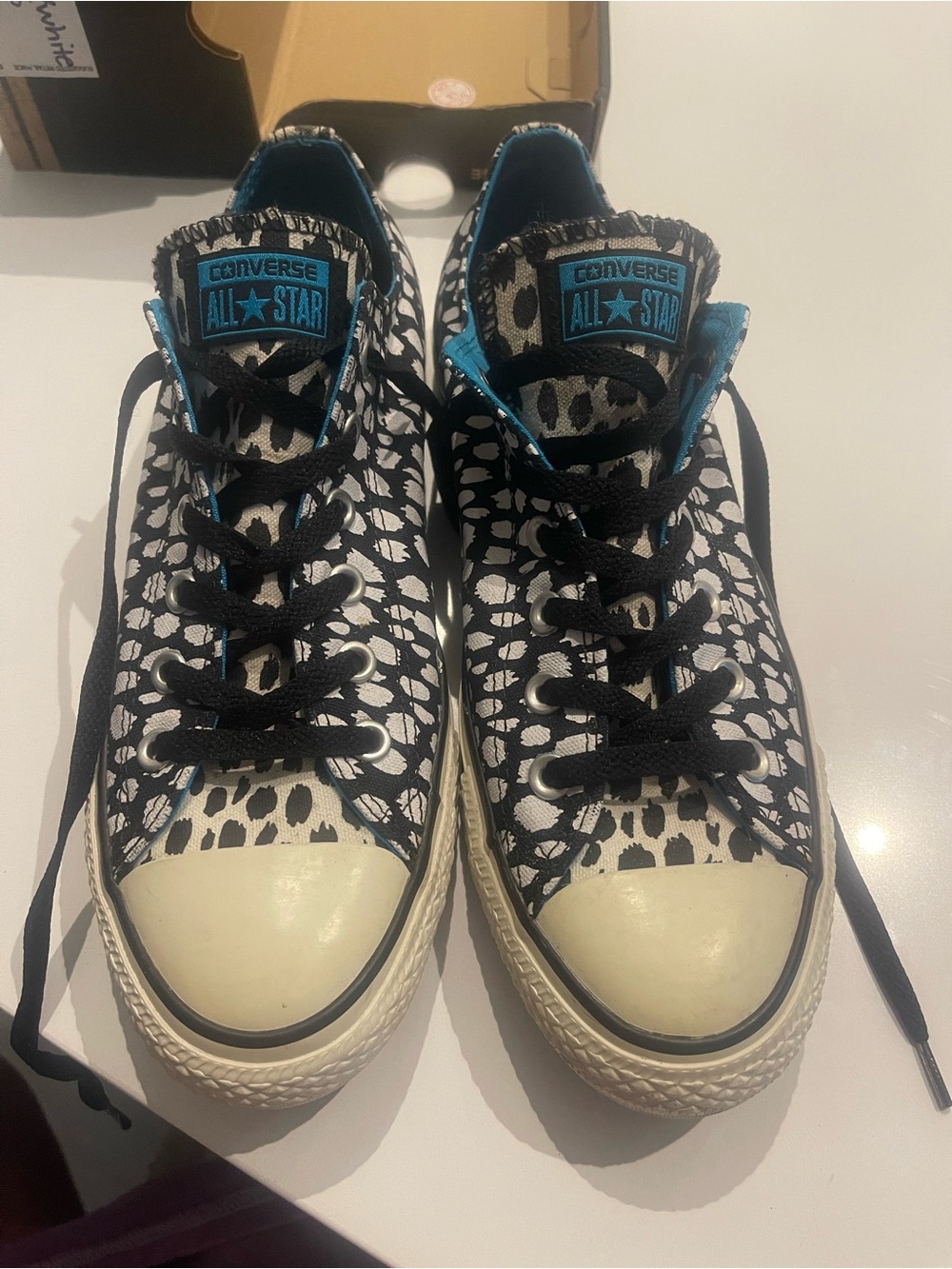 Converse Black & White Leopard Print Low Top Sneakers with Teal Accents